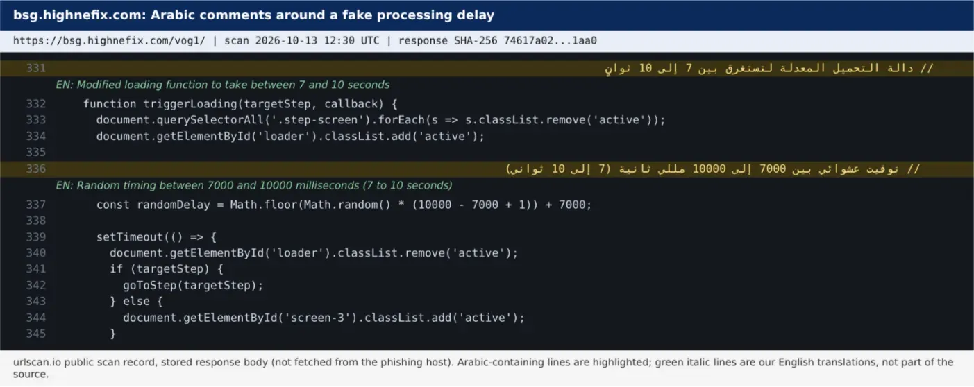 bsg.highnefix.com/vog1/: Arabic comments around the randomized 7 to 10 second "processing" delay. Rendered excerpt panel, drawn by the autho