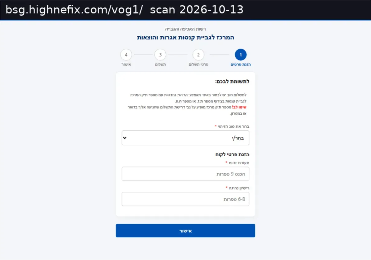 bsg.highnefix.com/vog1/ as rendered by urlscan.io on 13 Oct 2026. The page is a gov.il look-alike; the Telegram beacon fires on page load.