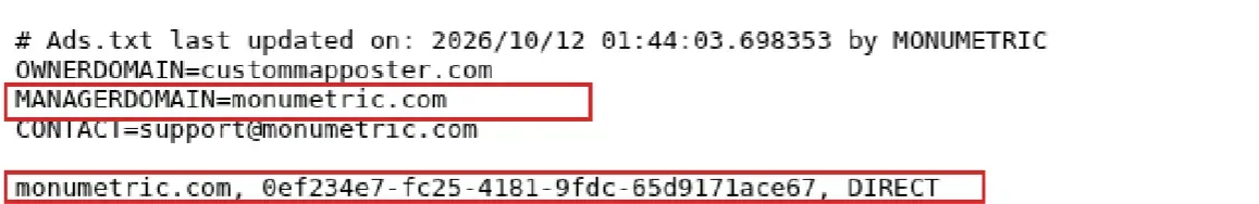 The hub's ads.txt file, served from monu.delivery. The top marked line declares Monumetric as the advertising manager, and the bottom line p