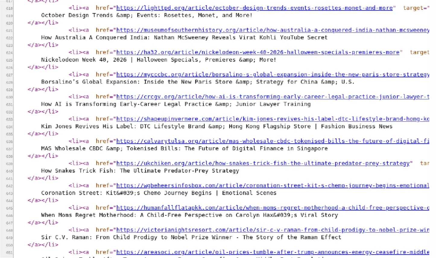 The article's source code, the "related articles" block. Each link leads to a different hostname; in the sample, 150 such names redirected t