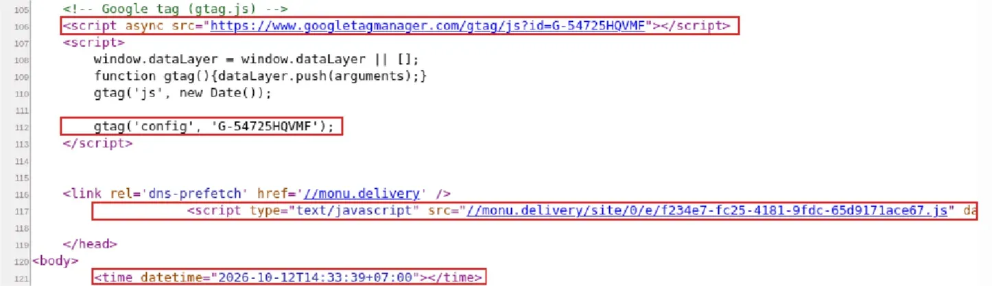 The source of the hub page. The frames mark the Google Analytics ID G-54725HQVMF (lines 106 and 112), the loading of the Monumetric loader (
