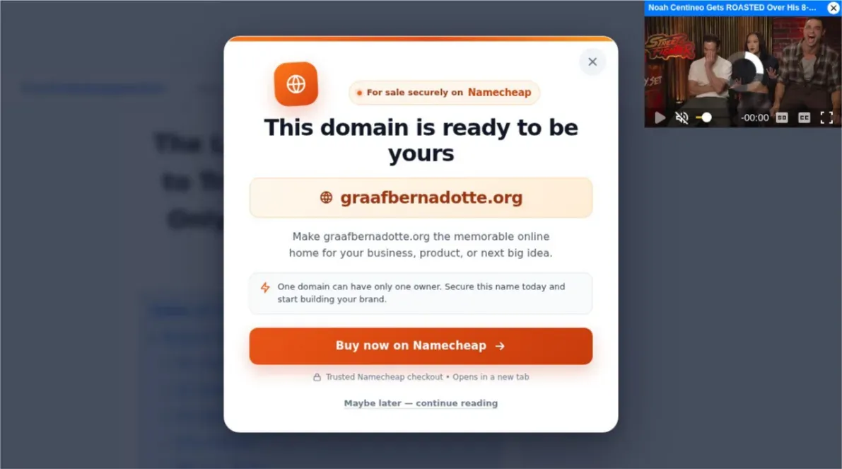 A root request to graafbernadotte.org leads to the "This domain is ready to be yours" panel. Screenshot 06:29:37 UTC. "For sale securely on