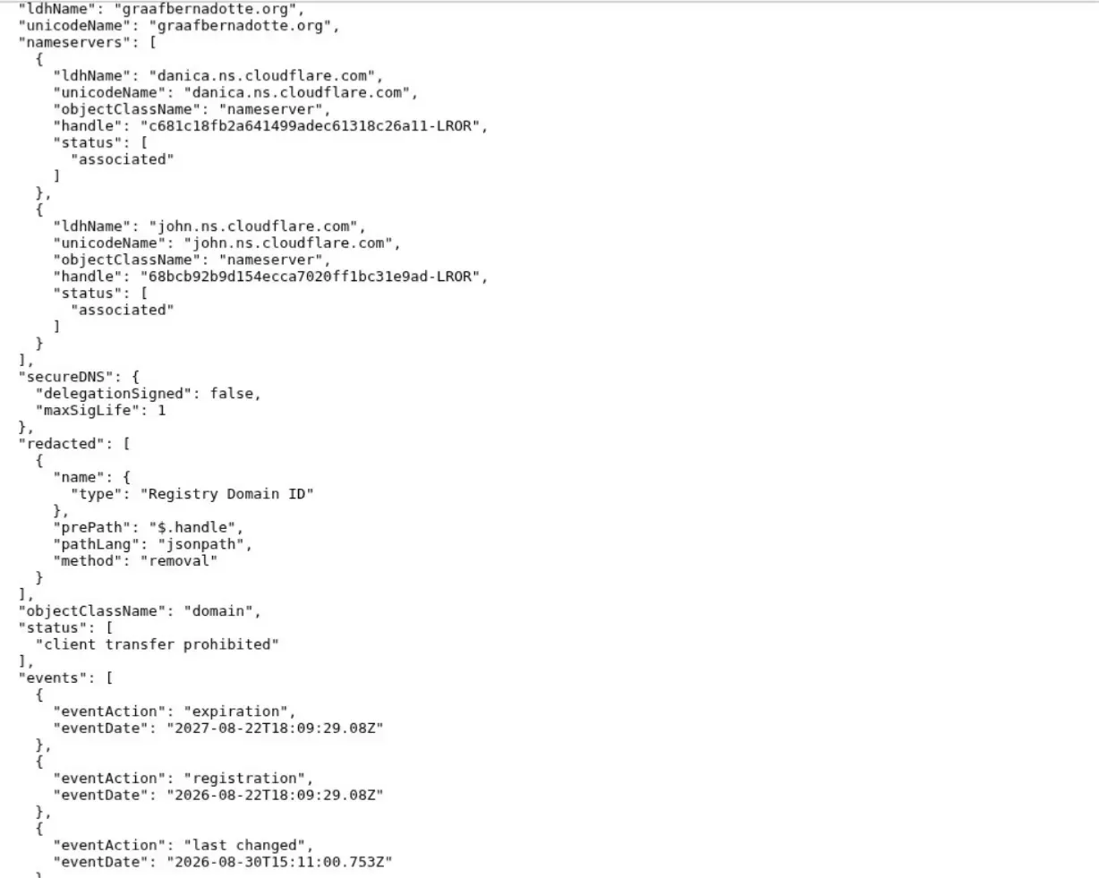 The RDAP record of graafbernadotte.org. The marked line, registration on 22.08.2026, shows that the domain was registered again after being